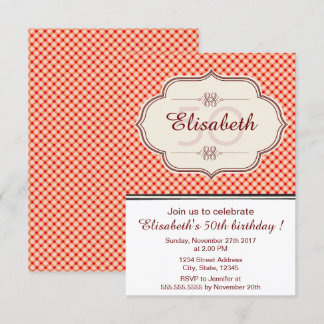 Rote Vintage Gingham-Kalligrafin Geburtstag Einladung