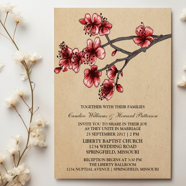 Rote Vintage Kirschblüten Einladung zur Hochzeit (Red Vintage Cherry Blossoms Wedding Invite)