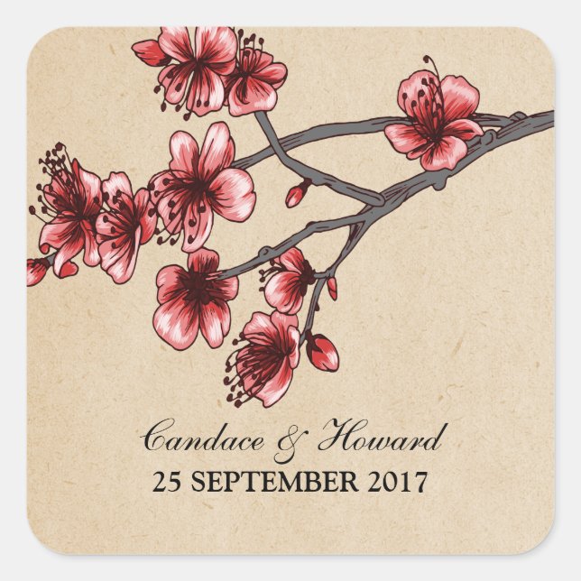 Rote Vintage Kirschblüten Hochzeitskleber Quadratischer Aufkleber (Vorderseite)