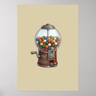 Rote Vintage-Süßigkeiten-Automate und farbenfrohe Poster