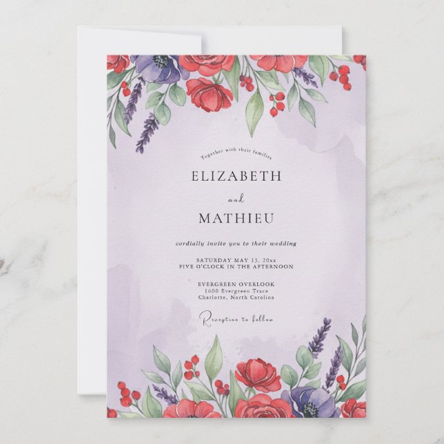 Rote Violette Mohn-Hochzeit Einladung (Vorderseite)