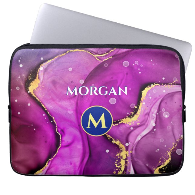 Rote Violette und Gold Liquid Tinte, Monogramm und Laptopschutzhülle (Vorderseite)