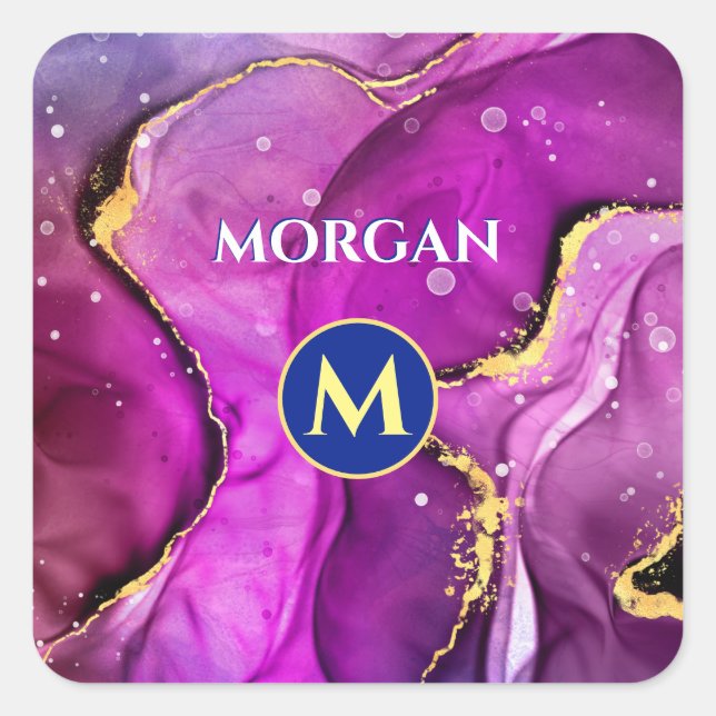 Rote Violette und Gold Liquid Tinte, Monogramm und Quadratischer Aufkleber (Vorderseite)