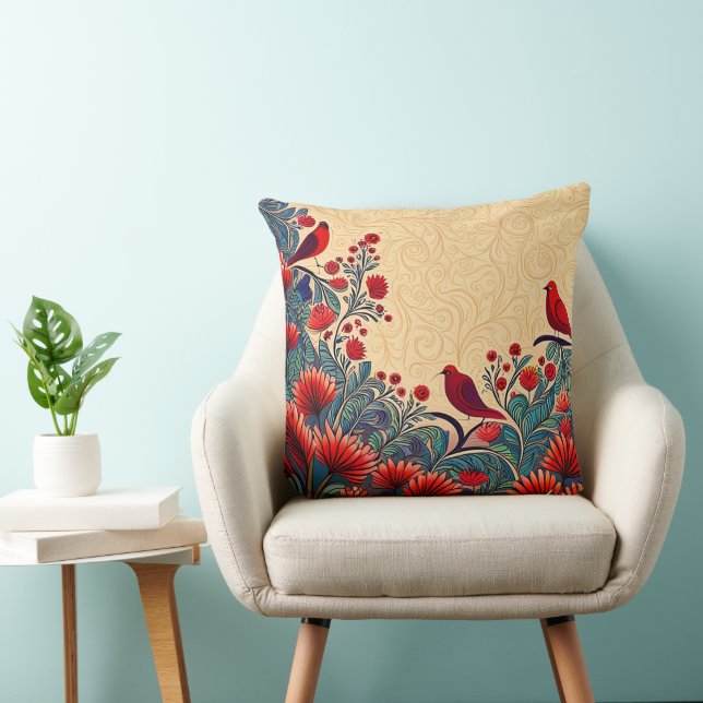 Rote Vögel, Abstrakte Folksänger, florale Wirbel Kissen (Stuhl )