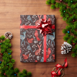 Rote Vögel, Hirsche, Kaninchen auf braunen Nordis Geschenkpapier