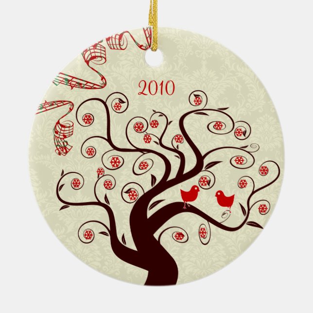 Rote Vögel Swirl Bäume Weihnachtsgeschmack Foto Keramikornament (Hinten)