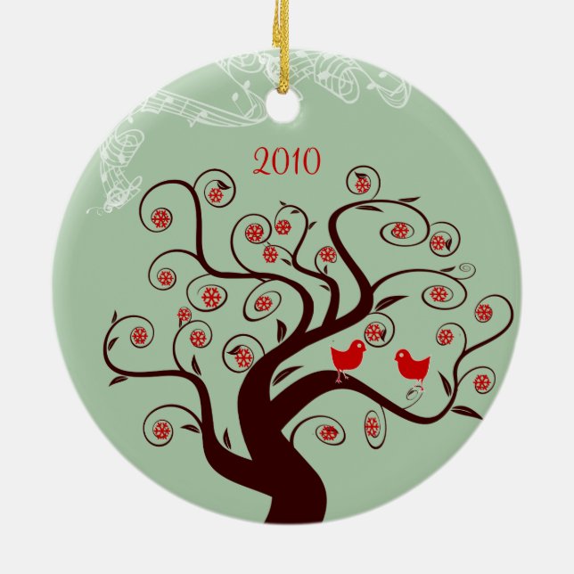 Rote Vögel Swirl Bäume Weihnachtsgeschmack Foto Keramikornament (Hinten)