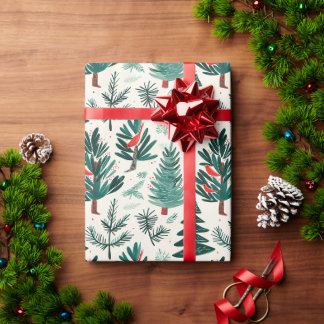 Rote Vögel und grüne Bäume auf weißem Grund Geschenkpapier