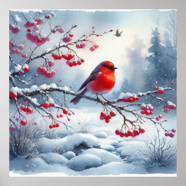 Rote Vögel und Winterlandschaft 13 Poster (Vorne)