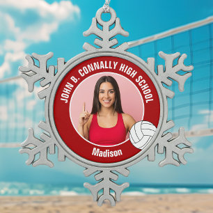 Rote Volleyball-Spieler-Foto-Hochschule Schneeflocken Zinn-Ornament