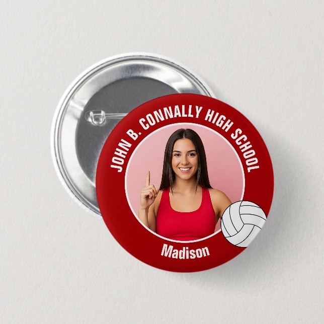 Rote Volleyball-Spieler-Foto-Hochschulgeist Button (Vorne & Hinten)