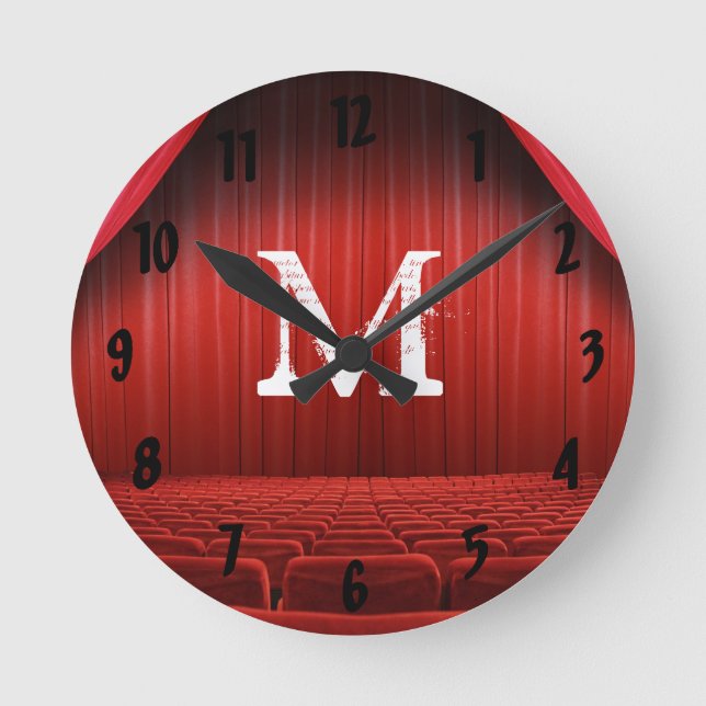 Rote Vorhang-Theater-Monogramm-Initialen-Wanduhr Runde Wanduhr (Vorderseite)