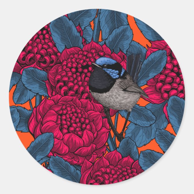Rote Waratah und Feen Runder Aufkleber (Vorderseite)