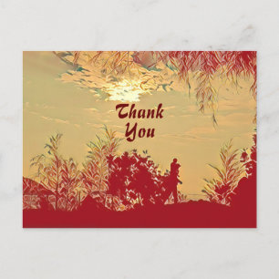 Rote warme Sonnenuntergangslandschaft Bäume Danke  Postkarte