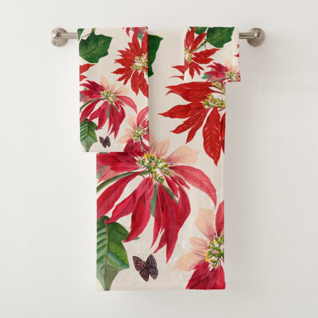 Rote Wasserfarbe Poinsettia Blumengrün Badhandtuch Set (Insitu)