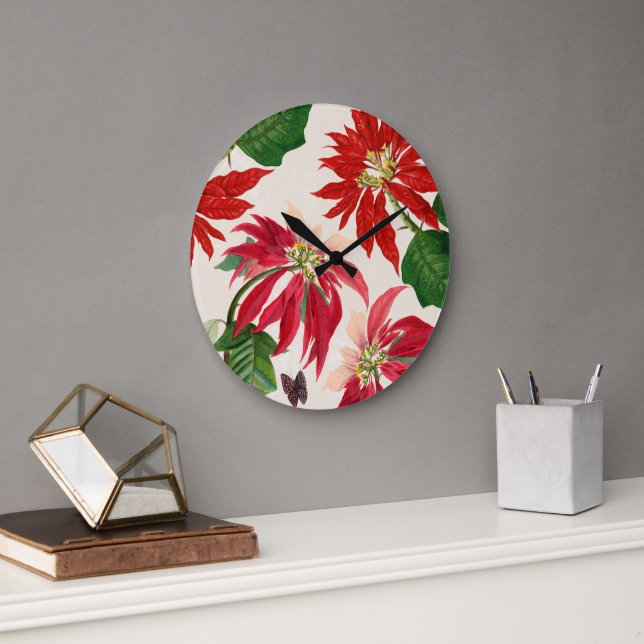 Rote Wasserfarbe Poinsettia Blumengrün Große Wanduhr (Büro)