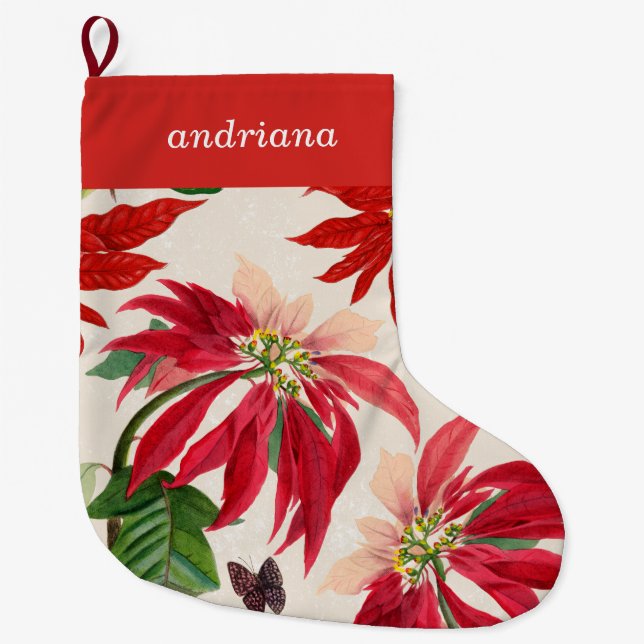Rote Wasserfarbe Poinsettia Blumengrün Großer Weihnachtsstrumpf (Vorderseite)