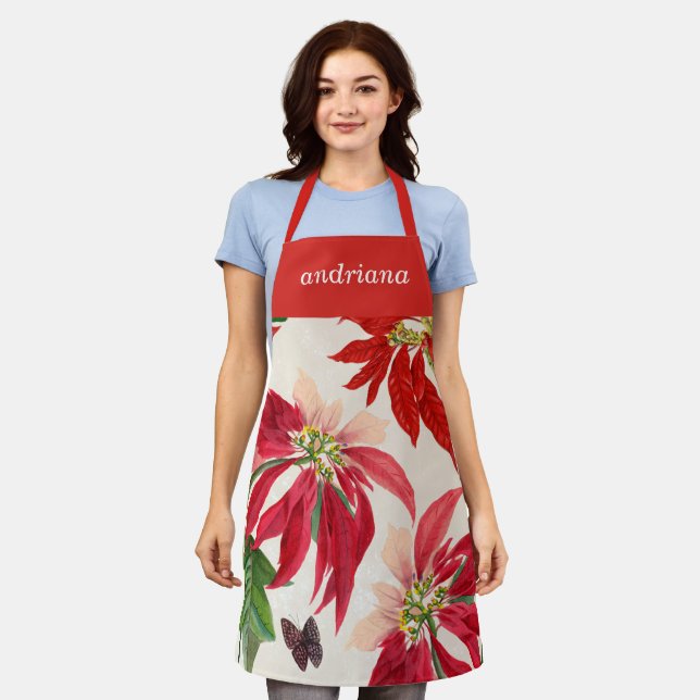 Rote Wasserfarbe Poinsettia Blumengrün Schürze (Getragen)