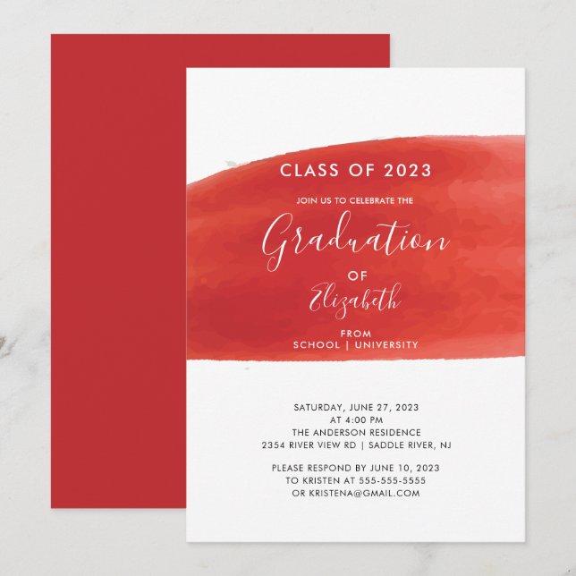 Rote Wasserfarbe Wash Graduation Party Einladung (Vorne/Hinten)