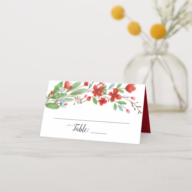 Rote Wasserfarben Blüten Elegante Hochzeit Platzkarte (Vorderseite)