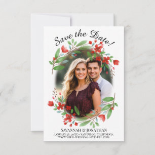 Rote Wasserfarben Blüten & Grüne Hochzeit Save The Date