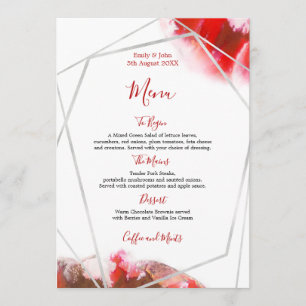 Rote Wasserfarben/geometrische Hochzeit in Silber Menükarte