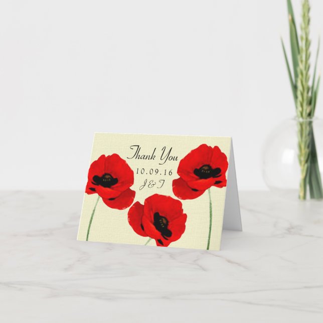 Rote Wasserfarben-Poppies Hochzeitskollektion Dankeskarte (Vorderseite)