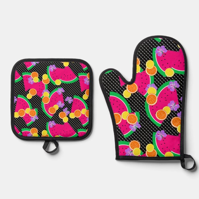 Rote Wassermelone Gelbe Zitronen Tropisch Ofenhandschuh & Topflappen-Set (Vorderseite)