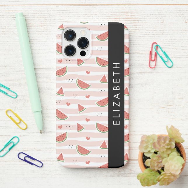 Rote Wassermelonen, Herz, Streifen, Ihr Name iPhone 12 Pro Hülle (Auf dem Schreibtisch)