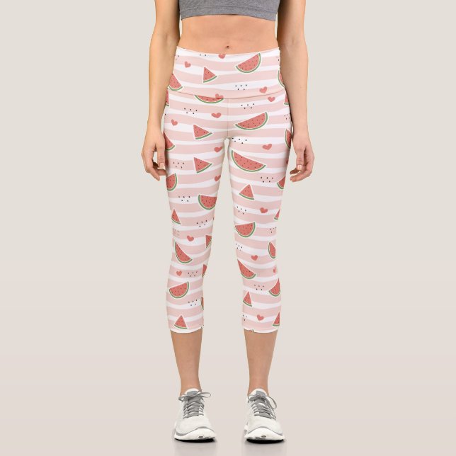 Rote Wassermelonen, Herz, Streifen, Sommermuster Capri Leggings (Vorderseite)
