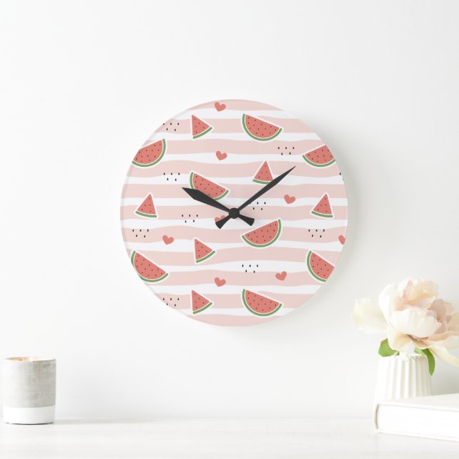 Rote Wassermelonen, Herz, Streifen, Sommermuster Große Wanduhr (Zuhause)