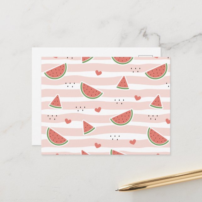 Rote Wassermelonen, Herz, Streifen, Sommermuster Postkarte (Vorderseite/Rückseite Beispiel)