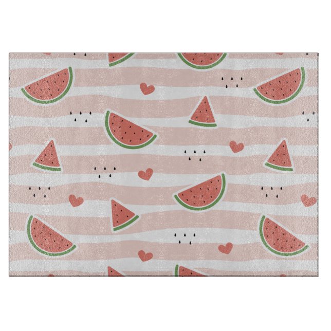 Rote Wassermelonen, Herz, Streifen, Sommermuster Schneidebrett (Vorderseite)