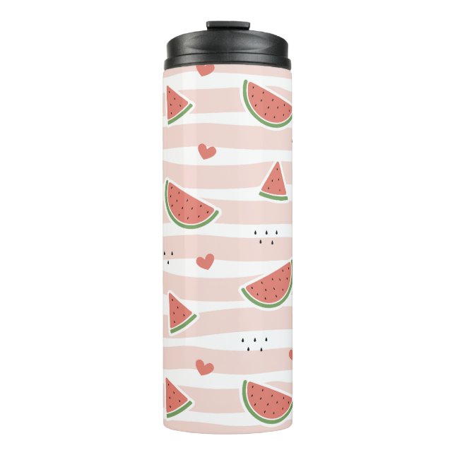 Rote Wassermelonen, Herz, Streifen, Sommermuster Thermosbecher (Vorderseite)