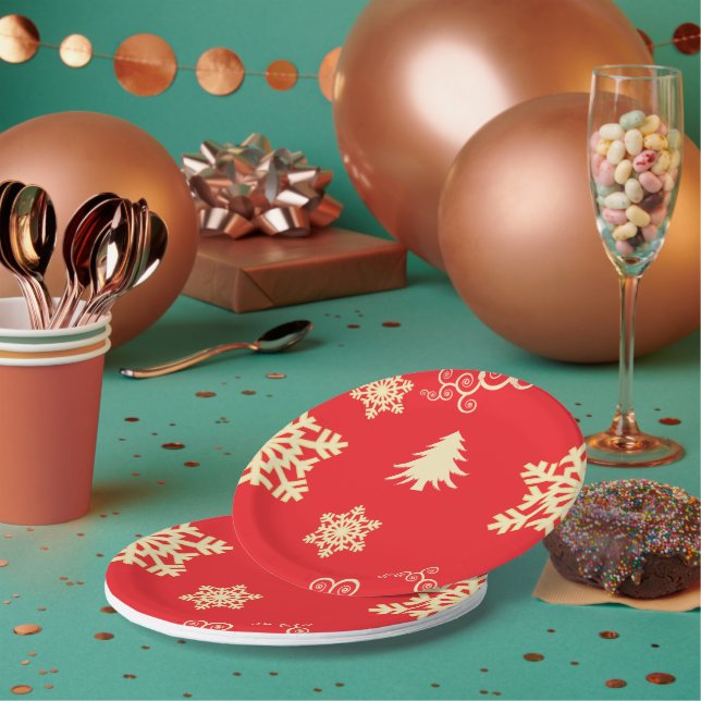 Rote Weihnachten mit Schneeflocken Pappteller (Multi)