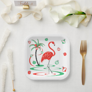 Rote Weihnachts-Flamingo-Kugeln quadratisch Pappteller