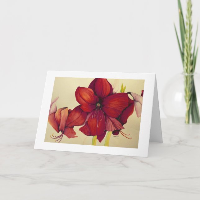 Rote Weihnachtsamaryllis-malende weiße Grenzkarte Feiertagskarte (Vorderseite)