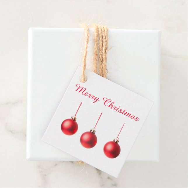 Rote Weihnachtsbälle Dekoration Foto mit Text Geschenkanhänger (Beispiel)