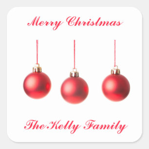 Rote Weihnachtsbälle Dekoration Foto mit Text Quadratischer Aufkleber