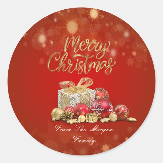 Rote Weihnachtsbälle, präsentiert frohe Weihnachte Runder Aufkleber (Vorderseite)