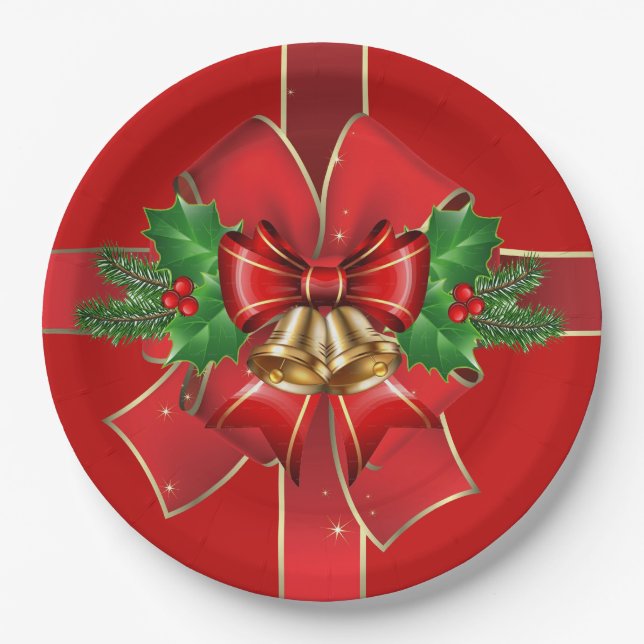 Rote Weihnachtsbows Glocken Holly Holiday Paper Pl Pappteller (Vorderseite)