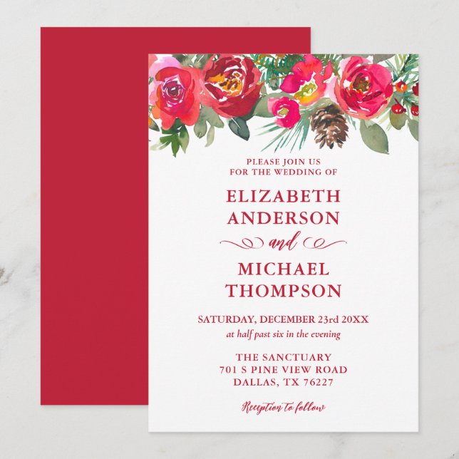 Rote Weihnachtsfeier Hochzeit mit floralen Farben Einladung (Vorne/Hinten)