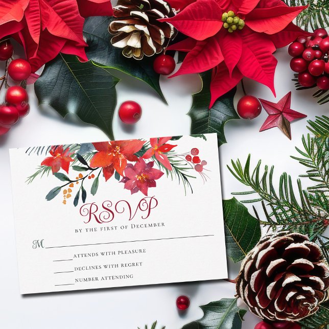 Rote Weihnachtsfeier Poinsettia Elegante RSVP Karte (Von Creator hochgeladen)