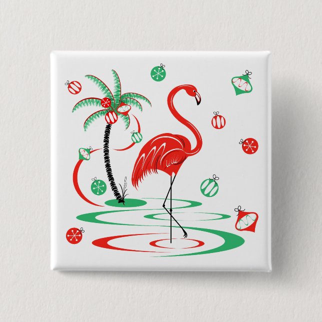 Rote Weihnachtsflamingo-Kugeln quadratisch Button (Vorderseite)
