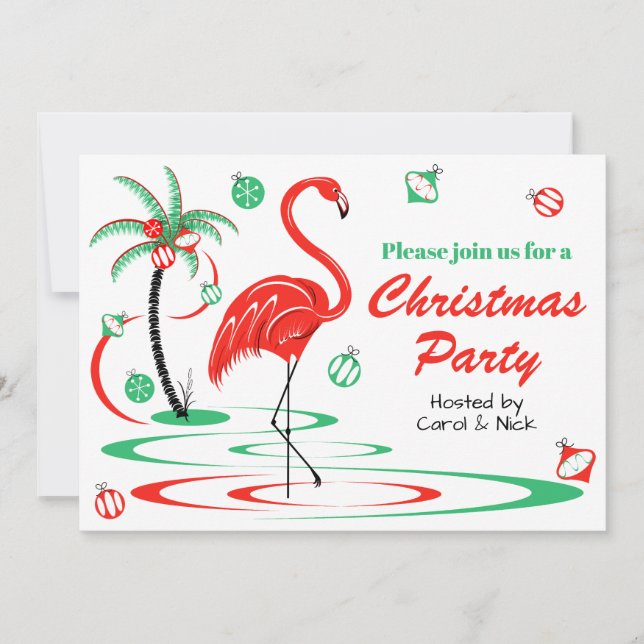Rote Weihnachtsflamingo-WeihnachtsPartylandschaft Einladung (Vorderseite)