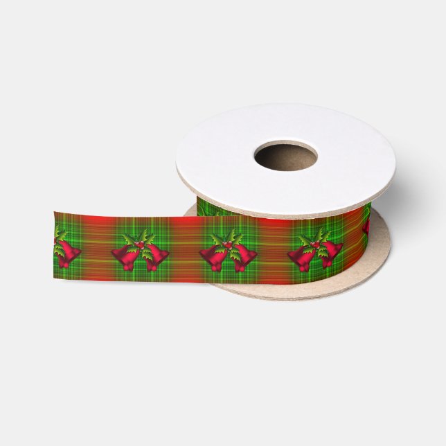 Rote Weihnachtsglocken auf Tartan Satinband (Spule)