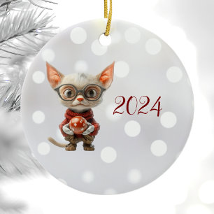 Rote Weihnachtskatzenverzierung Keramik Ornament