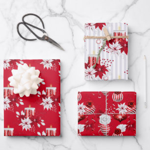 Rote Weihnachtskerzen Rose Geschenkpapier Set