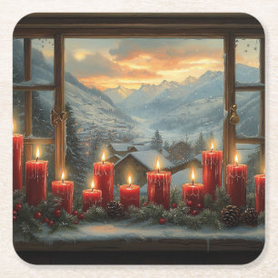 Rote Weihnachtskerzen Tannenzapfen Schöner Winter  Rechteckiger Pappuntersetzer
