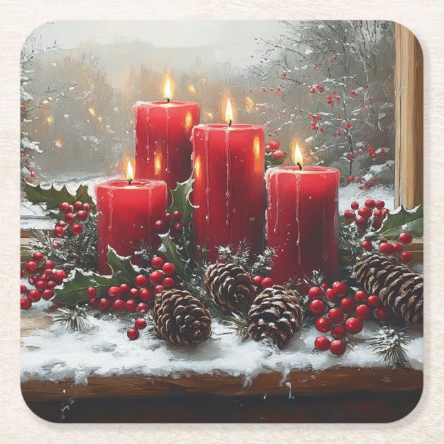 Rote Weihnachtskerzen Tannenzapfen Stechpalme Rechteckiger Pappuntersetzer (Vorderseite)